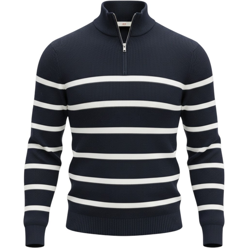 HM Mens Slim Fit Quarter Zip Sweater Navy Blue White Striped Cotton XXL 2052